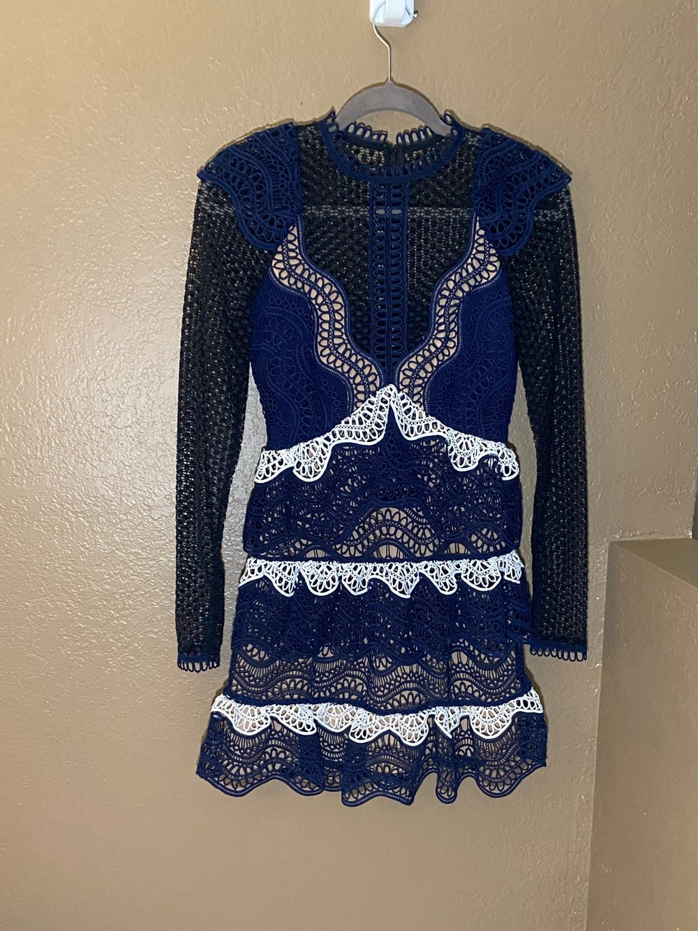 Self-Portrait Navy and White Lace Long-Sleeve Mini Dress